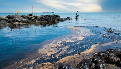 Fototapeta premium photo of spilled oil in the ocean, oil slick, ocean pollution