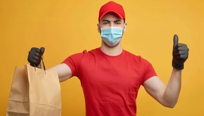 Delivery Worker with Mask and Gloves Giving Thumbs Up.