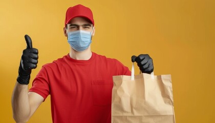 Delivery Worker with Mask and Gloves Giving Thumbs Up.