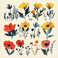A modern set of botanical illustrations of wild flowers, designed with bold colors and stylized shapes, perfect for decorative purposes or fabric prints.