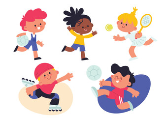 Set, collection. Children kids do different activity, sport in different poses. Kids immersed in diverse activities, creative pastimes. Poster, entertainment, pastime, good mood. Girl plays tennis