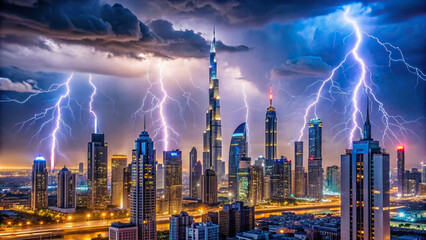 Dubai's downtown district during a thunderstorm with lightning