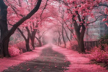 Pink cherry blossoms in the park with foggy background,  rendering