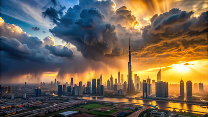 Sunset over Dubai with storm clouds gathering and rain beginning
