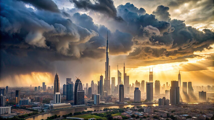 Dubai's iconic skyline under heavy rain and thick clouds
