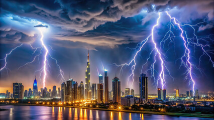 Stormy night in Dubai with lightning illuminating the sky