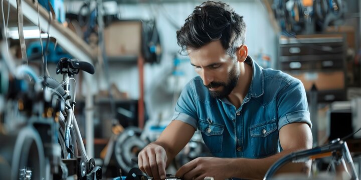 Man repairing bicycle in workshop offering repairs for damaged bicycles. Concept Bicycle Repair, Workshop Services, Bike Maintenance, Repair Expertise, Local Bike Shop - Powered by Adobe