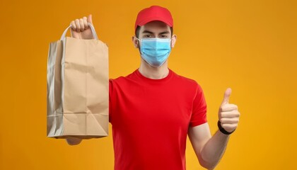 Delivery Worker with Mask and Giving Thumbs Up..