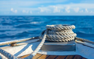 A winch with coiled rope on a boat against the blue sea.