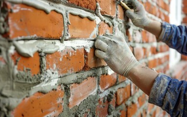 A worker applying mortar on a brick wall with precision.