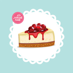 Cheesecake slice with cherry jam on top. Happy Shavuot in Hebrew. Isolated vector illustration.
