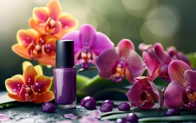 Applying purple nail polish beside vibrant orchids.