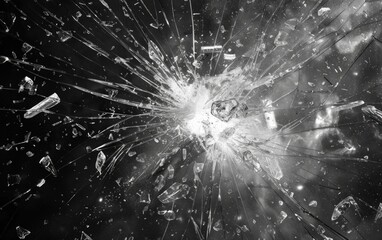 Black and white image of a shattered glass with a central impact point.