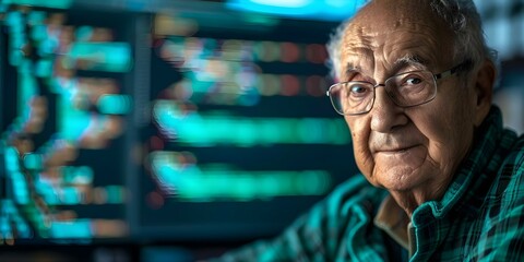 Elderly man learning coding at computer embracing lifelong learning in retirement. Concept Senior Citizens, Lifelong Learning, Coding Skills, Retirement Lifestyle, Technology Education
