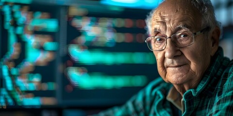 Obraz premium Elderly man learning coding at computer embracing lifelong learning in retirement. Concept Senior Citizens, Lifelong Learning, Coding Skills, Retirement Lifestyle, Technology Education