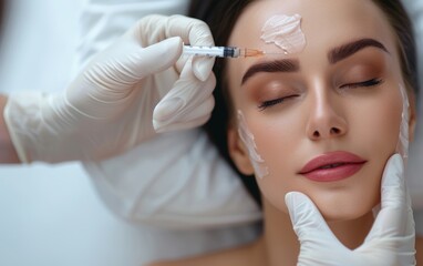 Naklejka premium A tranquil woman undergoes a facial treatment, where cream is applied with a syringe, blending medical precision with skincare luxury. The image suggests a harmonious balance of health and beauty.