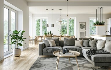 Bright, modern living room seamlessly transitions to a chic dining area.