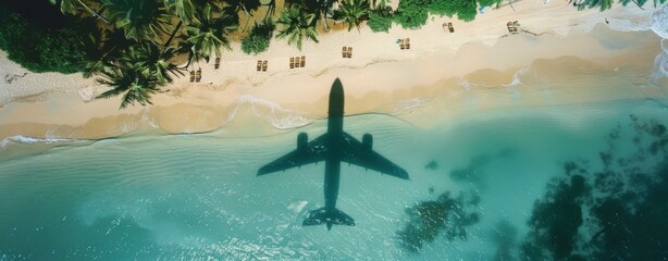 Aerial view of an airplane shadow flying over the beach with blue water and palm trees There are also some sunbeds on the sand Generative AI