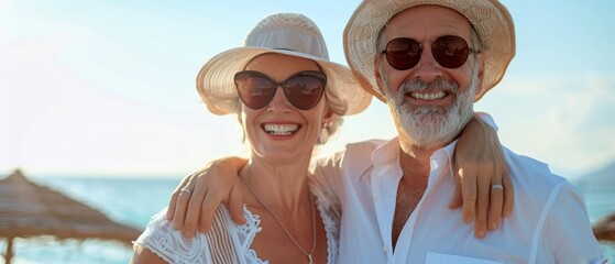 Happy Senior Couple Traveling in Sunny Coastal Region.