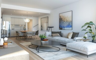 Bright, modern living room seamlessly transitions to a chic dining area.