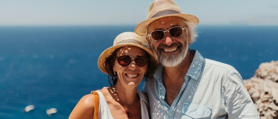 Happy Senior Couple Traveling in Sunny Coastal Region.