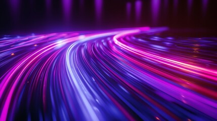 3d rendered dynamic image of flowing blue and purple light lines in a dark space