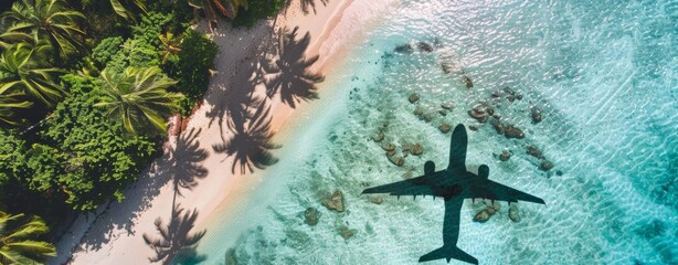 Aerial view of airplane shadow flying over tropical beach with blue water and palm trees, travel concept banner Generative AI