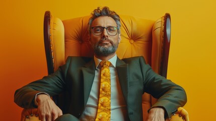 Poised man exuding confidence in a suit with a unique tie sits on an elegant chair