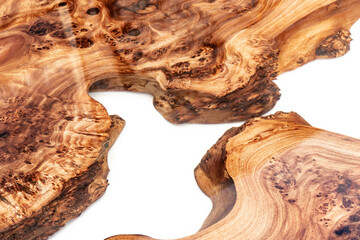 Live edge elm burl slab table top with central epoxy resin river on white background, combining...