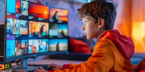 Obraz premium Young boy working remotely on a computer with selective focus on the copy space. Concept Remote Work, Young Boy, Computer, Selective Focus, Copy Space