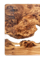 Live edge elm burl slab table top with central epoxy resin river on white background, top view of...