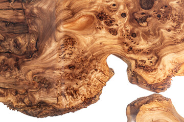 Live edge elm burl slab table top with central epoxy resin river on white background, combining...