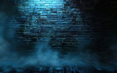 Dark brick wall under eerie blue spotlight with misty floor.