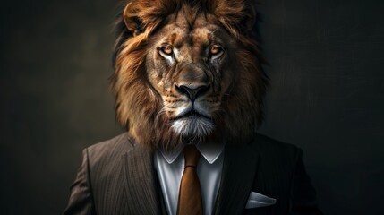 A lion dressed to impress This predator dons a suit and tie with feline style and class. Perfect for corporate or business themes. AI Generative. hyper realistic 
