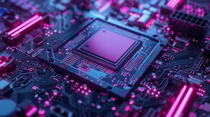 A macro image of a processor or a graphic card, technological device storing memory, hardware close-up, neon led lights. Generative AI technology hyper realistic 