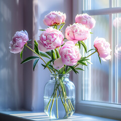 A bouquet of pink peonies illuminated by the sun, standing on the windowsill in a glass jar