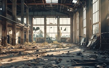 Decaying industrial warehouse with scattered debris and large windows.