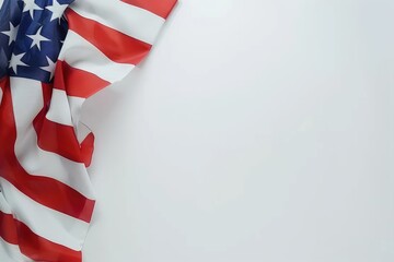 Obraz premium Photo of American flag on white background, top view with copy space for text or design. american national symbol and history concept. ,copy empty spaces for advertising, banner or mock up design.