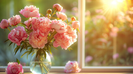 A bouquet of pink peonies illuminated by the sun, standing on the windowsill in a glass jar