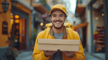 A young smiling man, a courier, holding a parcel in a short box on the street