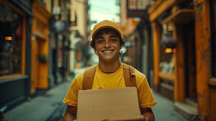 A young smiling man, a courier, holding a parcel in a short box on the street