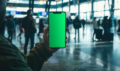 hand holding smartphone with blurred airport background. mix match blank green screen phone.