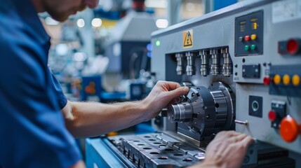 Close-up of a mechanic hands programming a CNC machine.