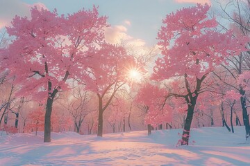 Beautiful winter landscape with snow covered trees in the park at sunset