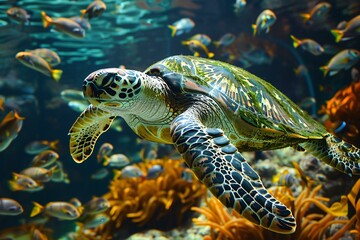 Green sea turtle in the aquarium with corals and tropical fish - Powered by Adobe