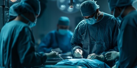 A team of medical professionals in scrubs is focused on performing surgery in a well-equipped operating room