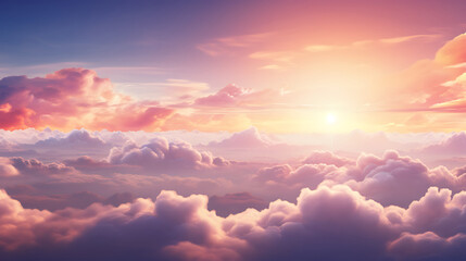 Beautiful aerial view above clouds at sunset. 3d illustration.