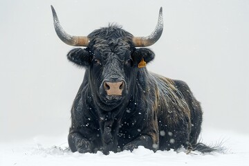 Portrait of a big black bull in the snow,  Winter