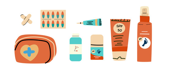 First aid case and medicine, skin protection elements. Band, tablets, creams, deodorants set.