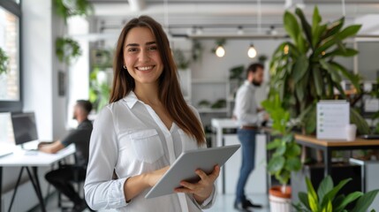 Fototapeta premium A Smiling Woman Holding Tablet